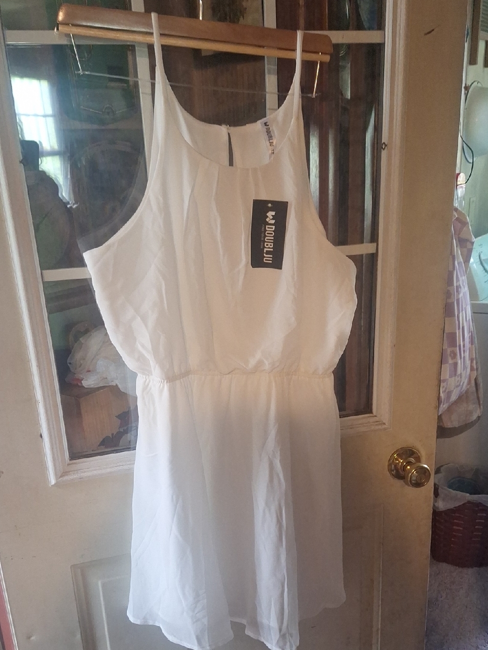 Doublju White Sleeveless Mini Dress with Elastic Waist